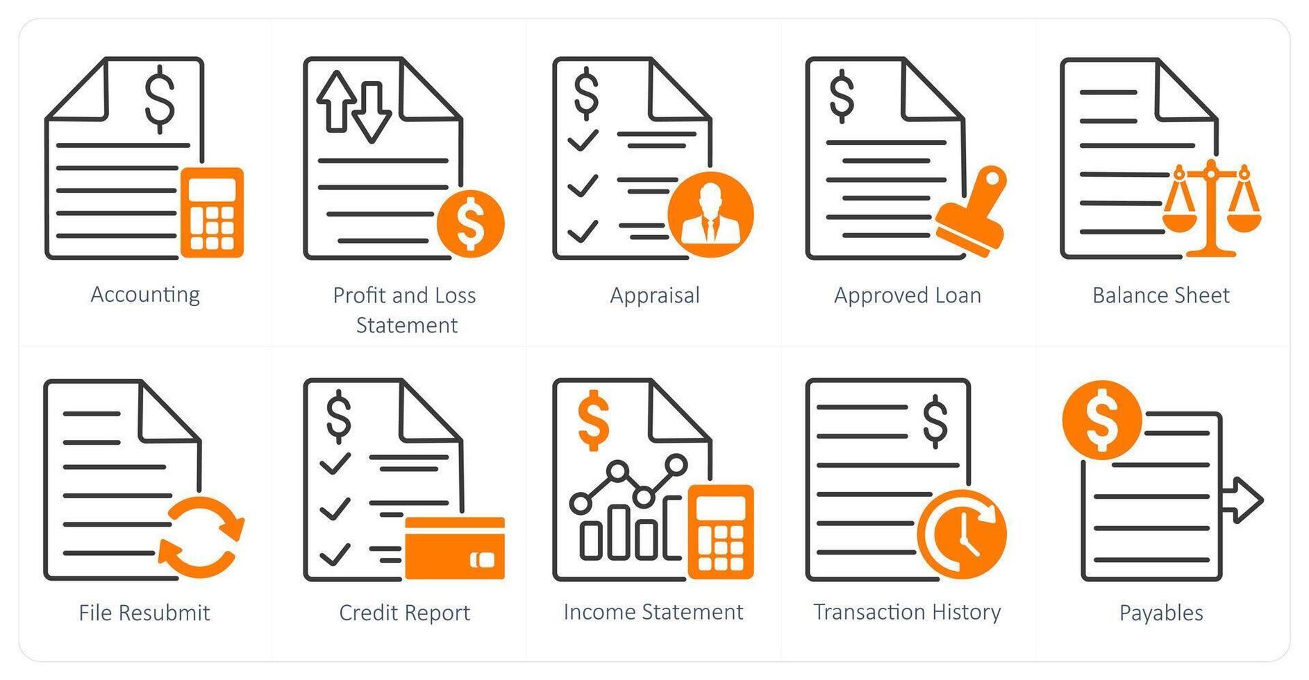 A set of 10 banking icons as accounting, profit and loss statement, appraisal vector