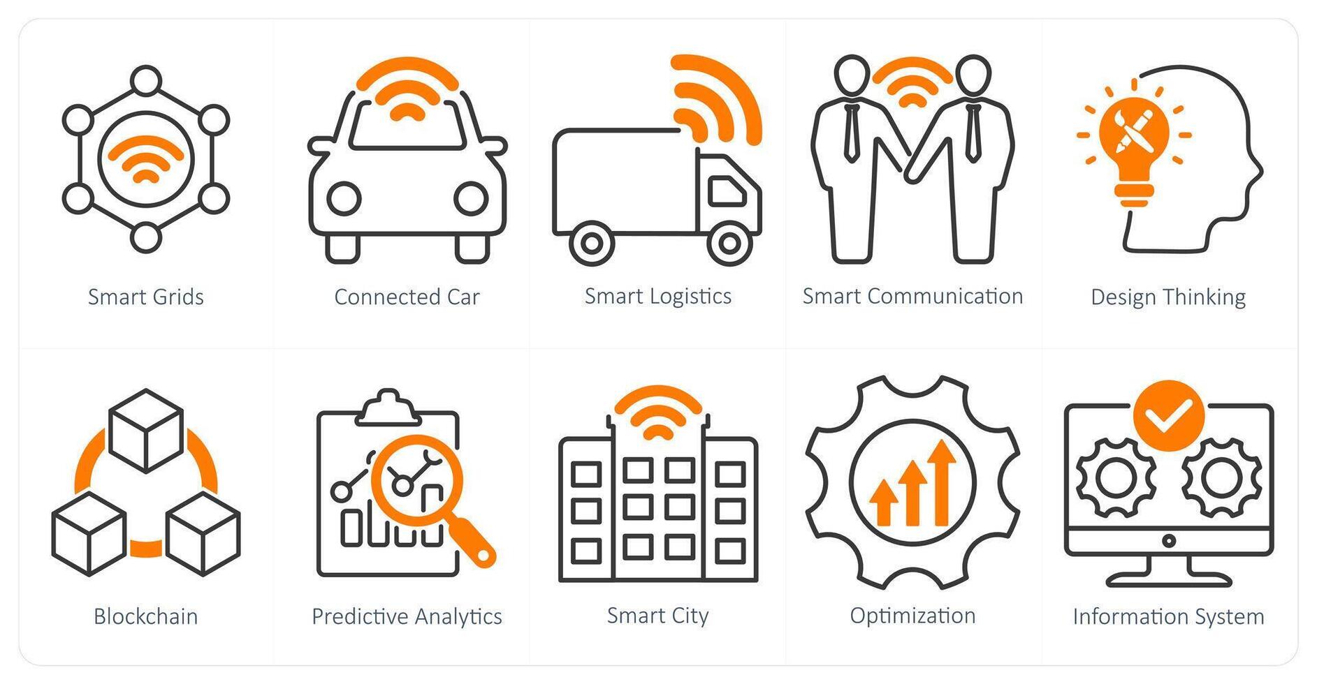 A Set of 10 Industrial icons as smart grids, connected car, smart logistics vector