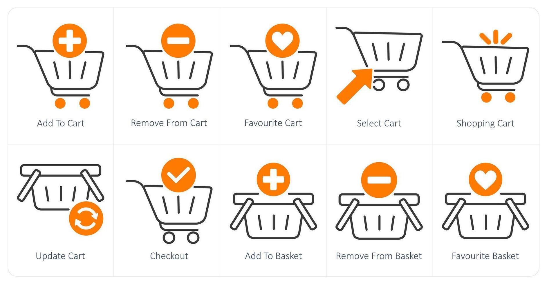A set of 10 shopping icons as add to cart, remove from cart, favorite cart vector