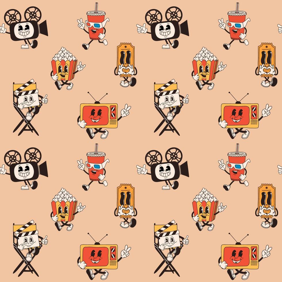 Seamless pattern with Cartoon cinema set, figure, reminiscent of classic animations from the 60s and 70s vector