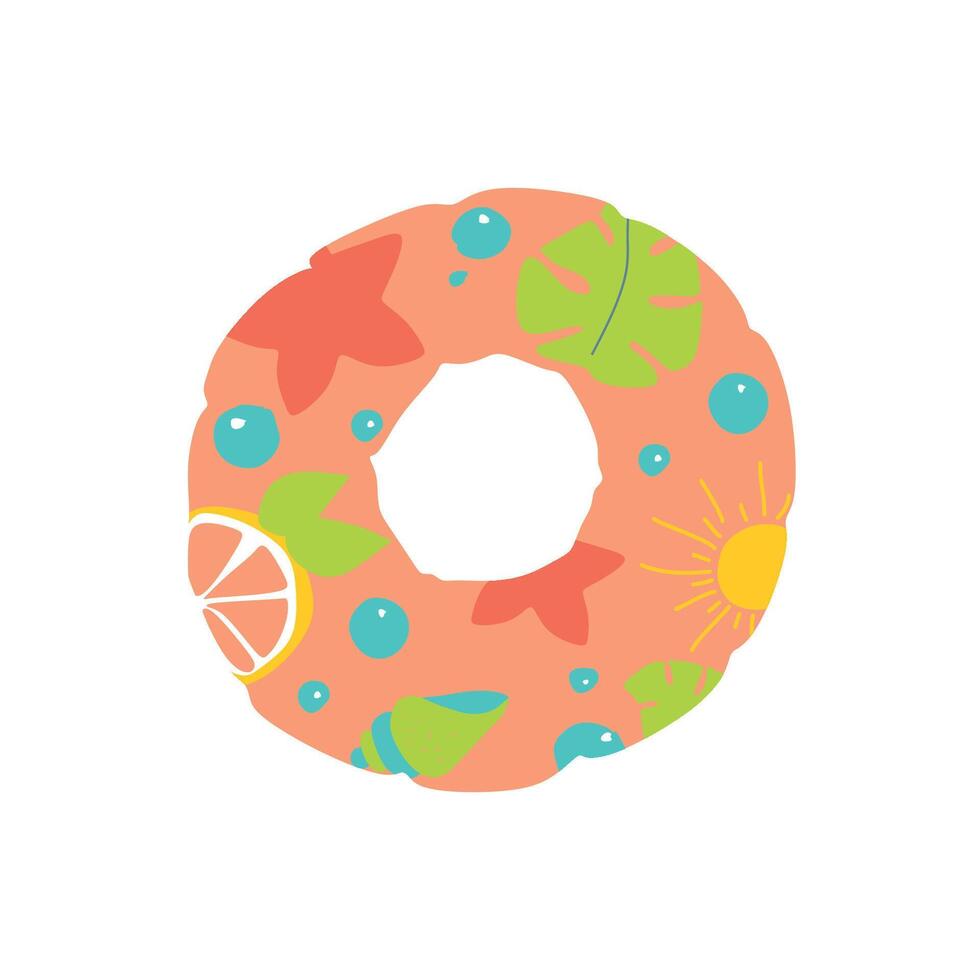 Inflatable Floating Ring for Swimming. Flat illustration isolated on white background. Beach Rubber Lifebuoy with Tropical ornaments for Pool. Summer lifesaver, rescue tube. Cartoon Graphic vector