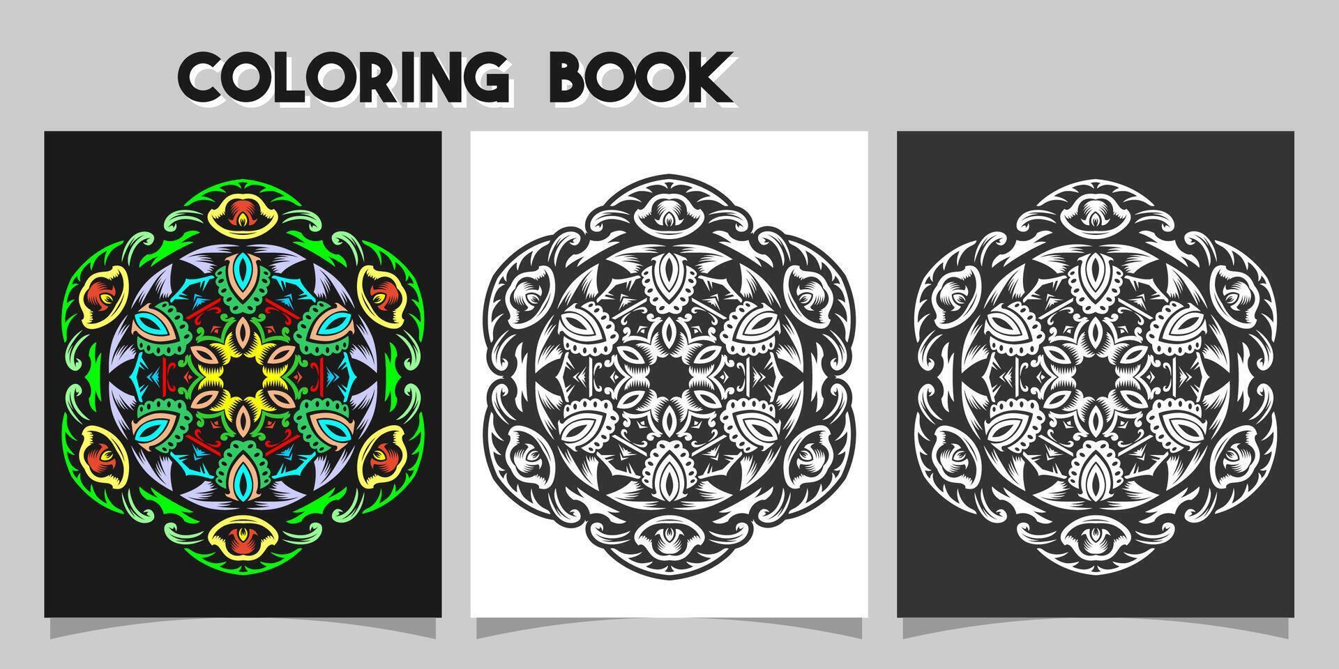 mandala shape coloring book. Isolated on white and black background. accompanied by colored contour. vector