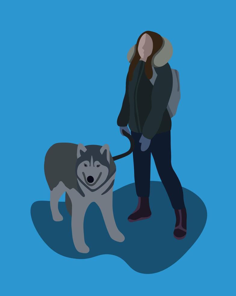 Illustration of a girl walking a dog in winter. vector