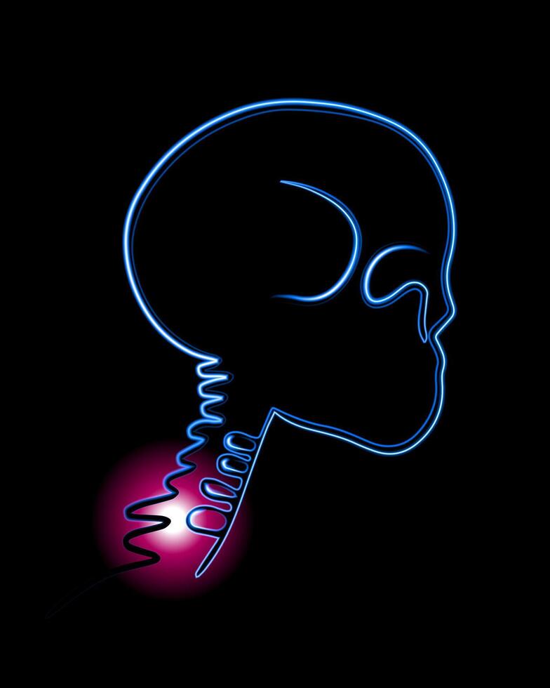 Illustration of cervical vertebrae pain. Contour drawing of the cervical region with localization of pain in the vertebrae. vector