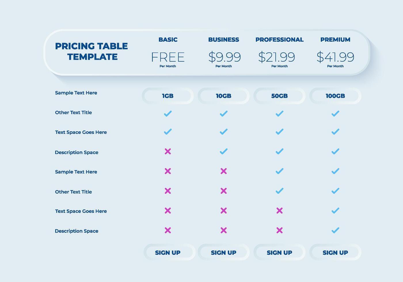 Business price chart template, Web banner checklist template design. Design a price list comparison table. vector