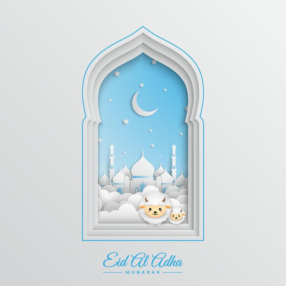 Eid al-Adha Banner.Poster for traditional muslim holiday with sheep, clouds and mosque or happy sacrifice celebration. Islamic greeting card,eid- flyer, poster for social media vector