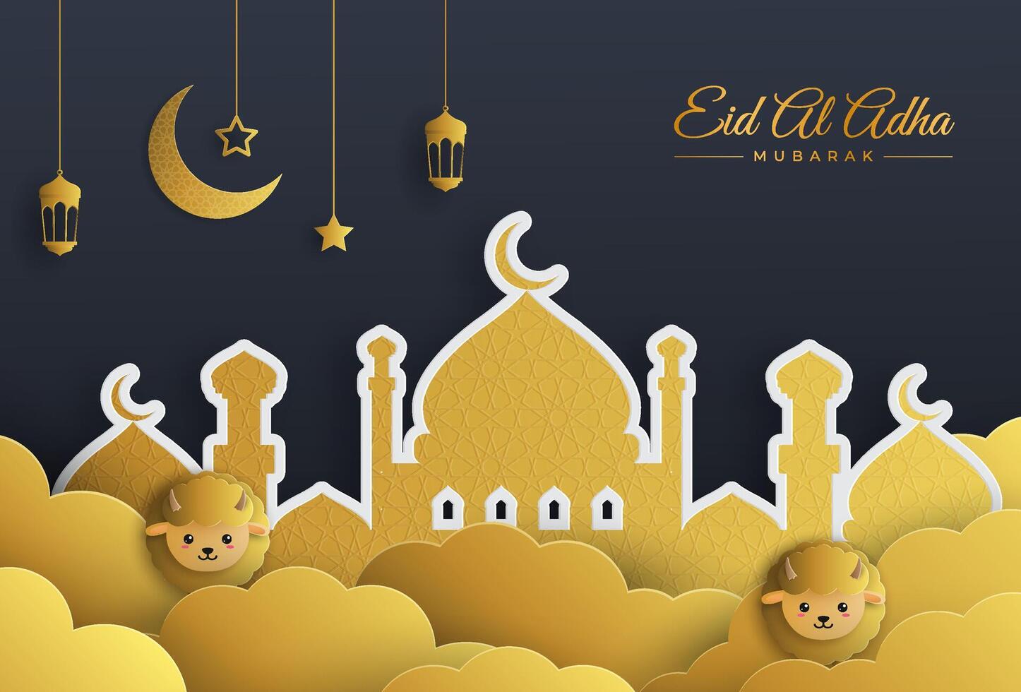 Muslim holiday of Eid al-Adha. Graphic design of Bayrami sacrifice. the moon, mosque, clouds, goats and lights. Greeting cards vector
