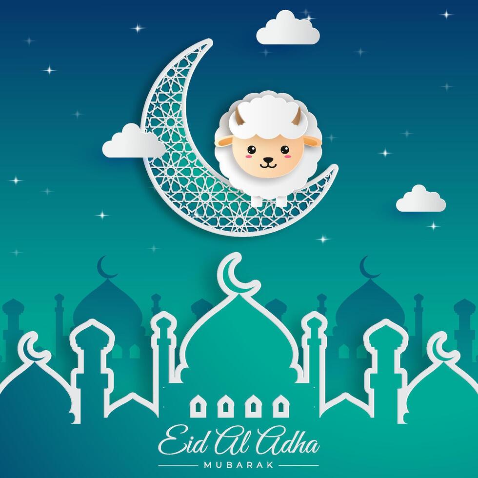 Eid al-Adha greeting card designs with illustrations of sheep, crescent, mosque, cloud on night view for the concept of Muslim Festival celebrations. vector