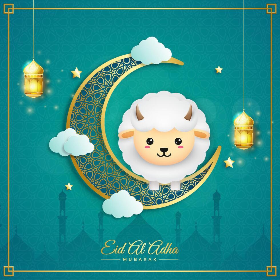 Eid al-Adha Banner.Poster for traditional muslim holiday with sheep, golden ornament, lamp and crescent moon for happy sacrifice celebration. Islamic greeting card,eid- flyer, poster for social media vector