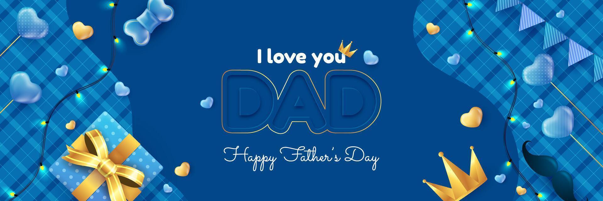 Design of Happy Father's Day greeting card, banner, poster or balloon with flying heart, bow tie and gift. Paper art, digital craft 3d style. vector