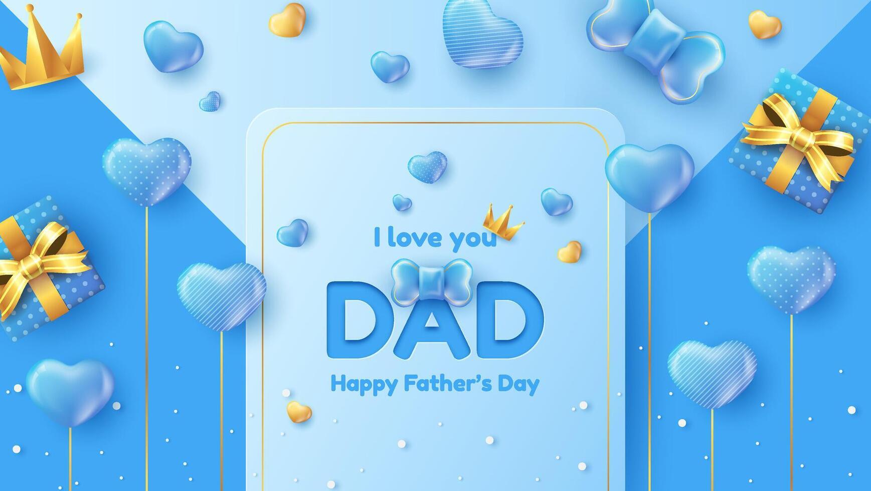 Design of Happy Father's Day greeting card, banner, poster or balloon with flying heart, bow tie and gift. Paper art, digital craft 3d style. vector
