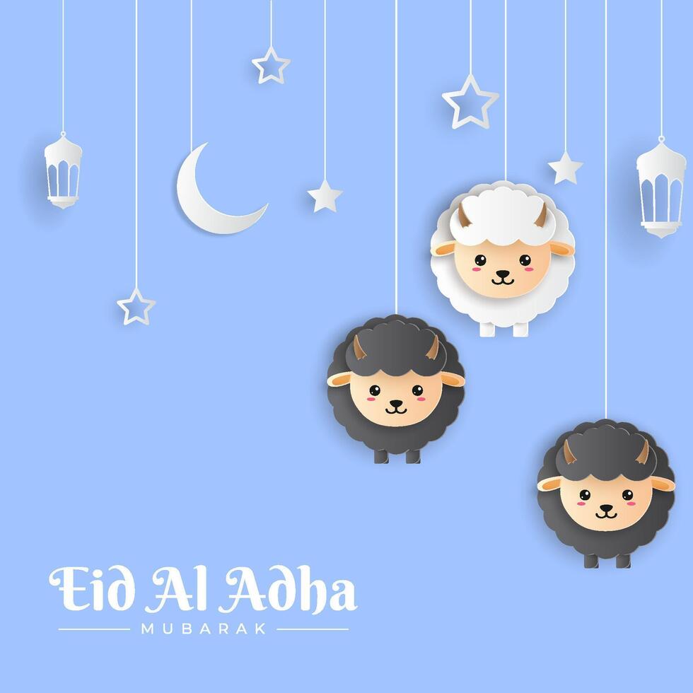 Eid Al Adha Mubarak celebration card with sheep in paper art blue background. Use for banner, poster, flyer, brochure sale template. vector