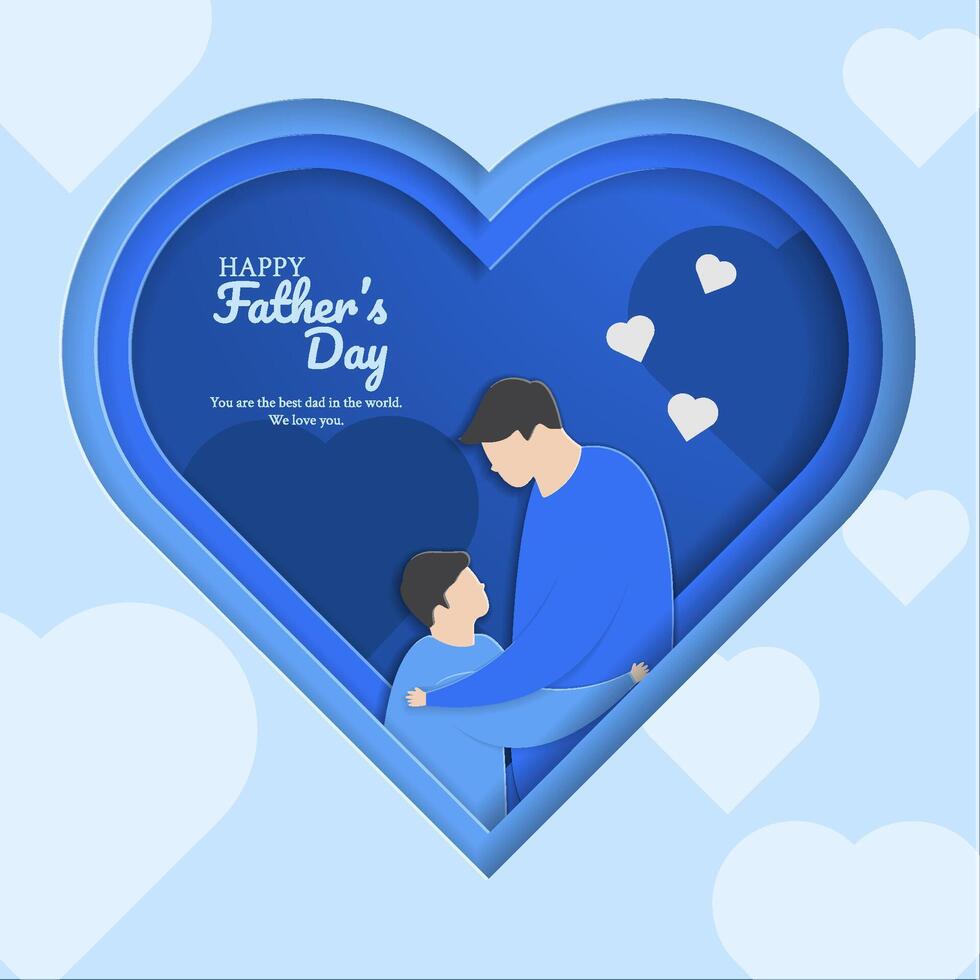 The child hugs his father. paper cut style in the shape of love. the concept of a happy international father's day, can be used for cards, posters, websites, brochure backgrounds. vector