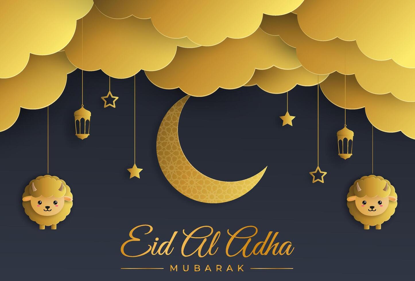 Stylish illustration of a shiny gold paper cut sheep with a crescent moon and clouds on a black background for the celebration of the Eid al-Adha festival. vector