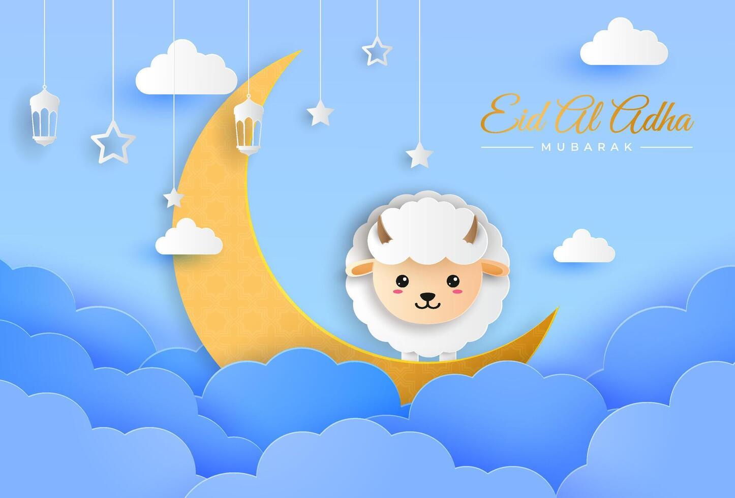 Eid Al Adha Mubarak celebration card with sheep in paper art blue background. Use for banner, poster, flyer, brochure sale template. vector