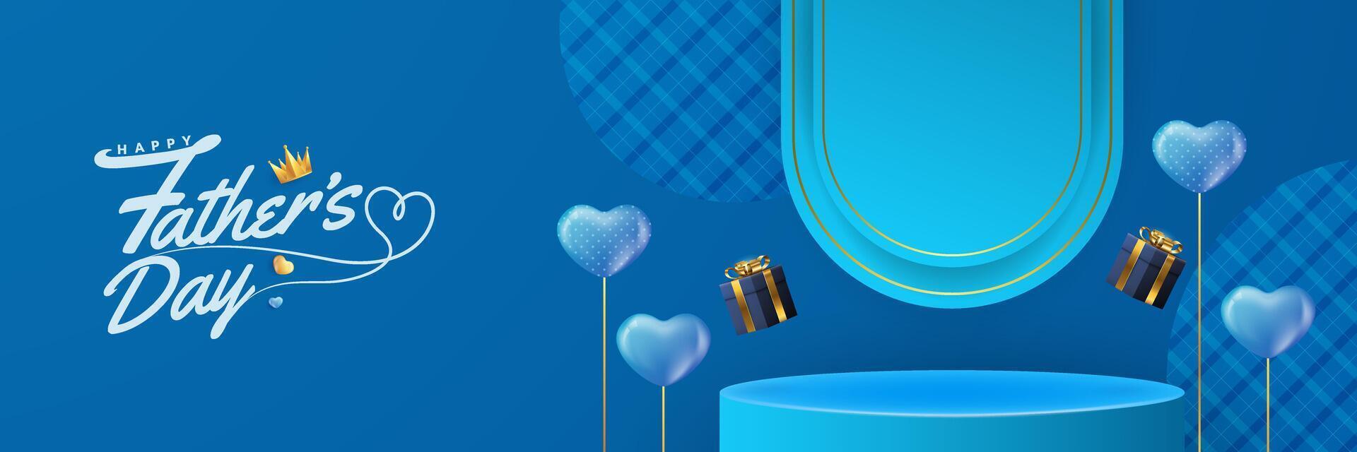 Happy Father's Day podium greeting card with black frame decorated with paper cutouts. Includes mustache, bow tie, gift, and tie on blue background. vector