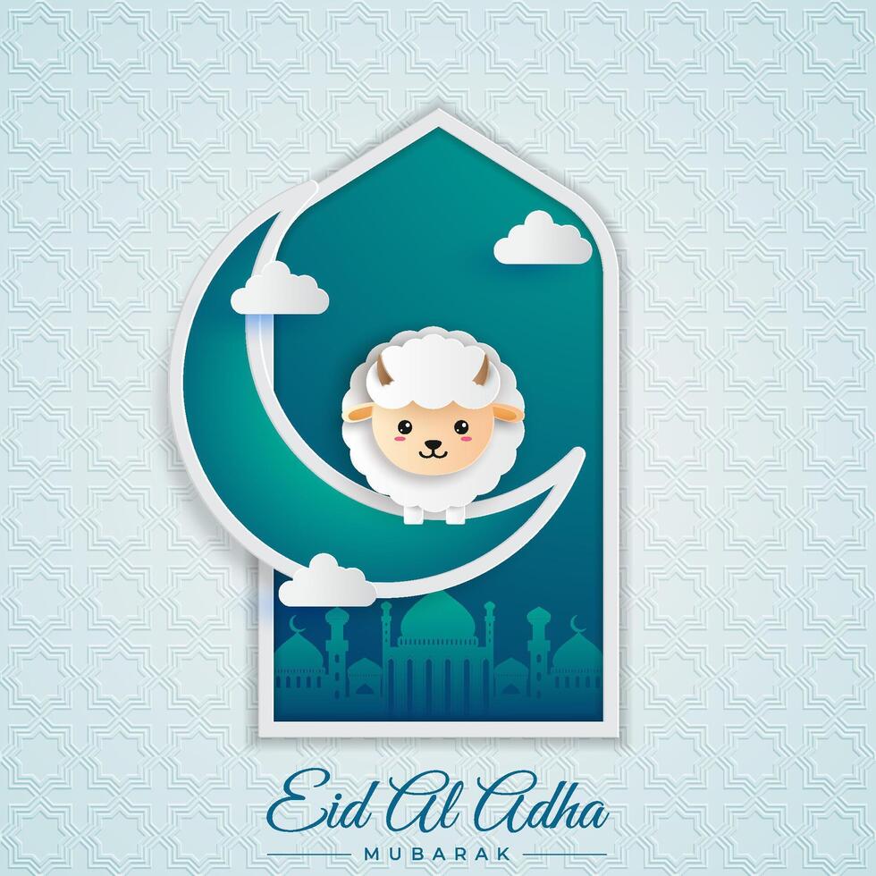Eid al-Adha greeting card designs with illustrations of sheep, crescent, mosque, cloud on night view for the concept of Muslim Festival celebrations. vector