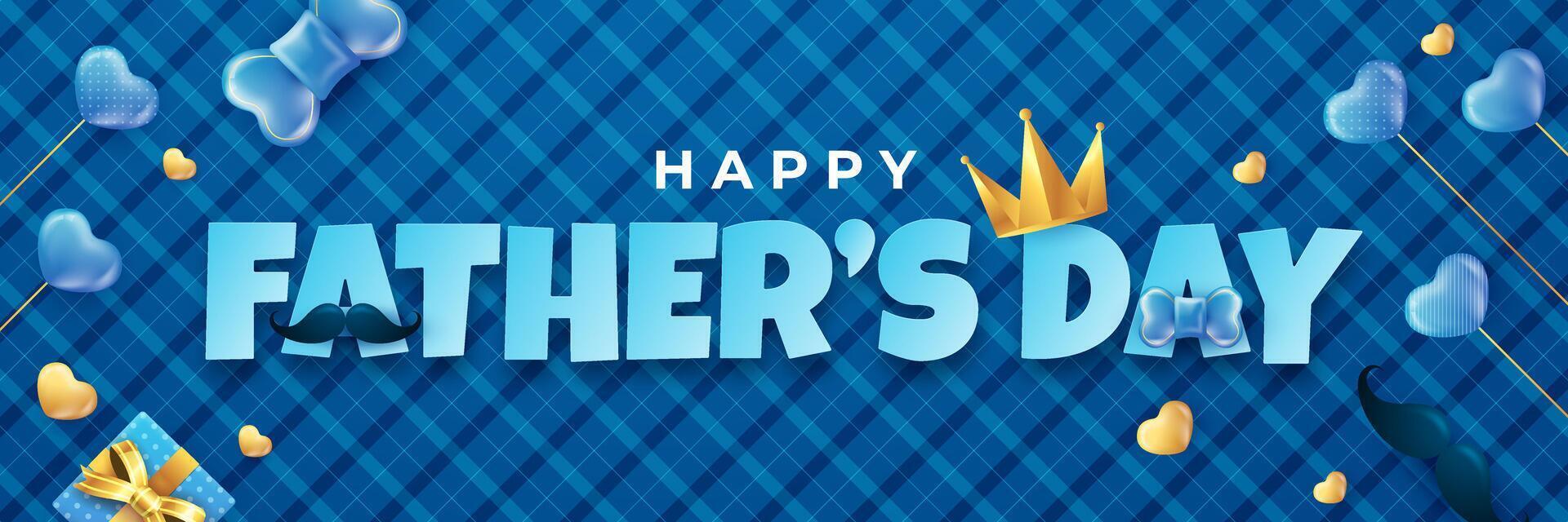 Design of Happy Father's Day greeting card, banner, poster or balloon with flying heart, bow tie and gift. Paper art, digital craft 3d style. vector