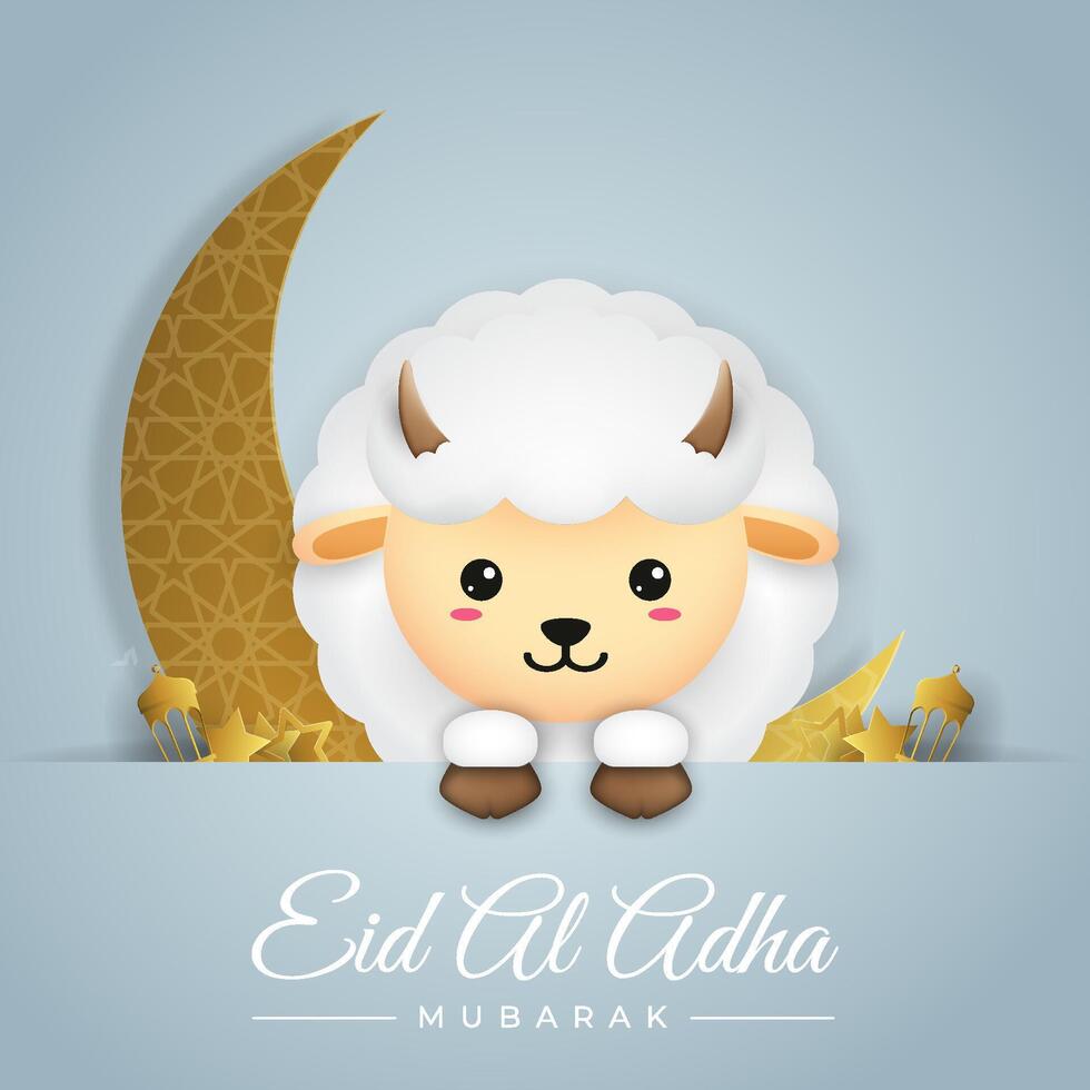 white sheep greeting card for Muslim holidays Eid al-Adha. poster for social media, with a gray background vector