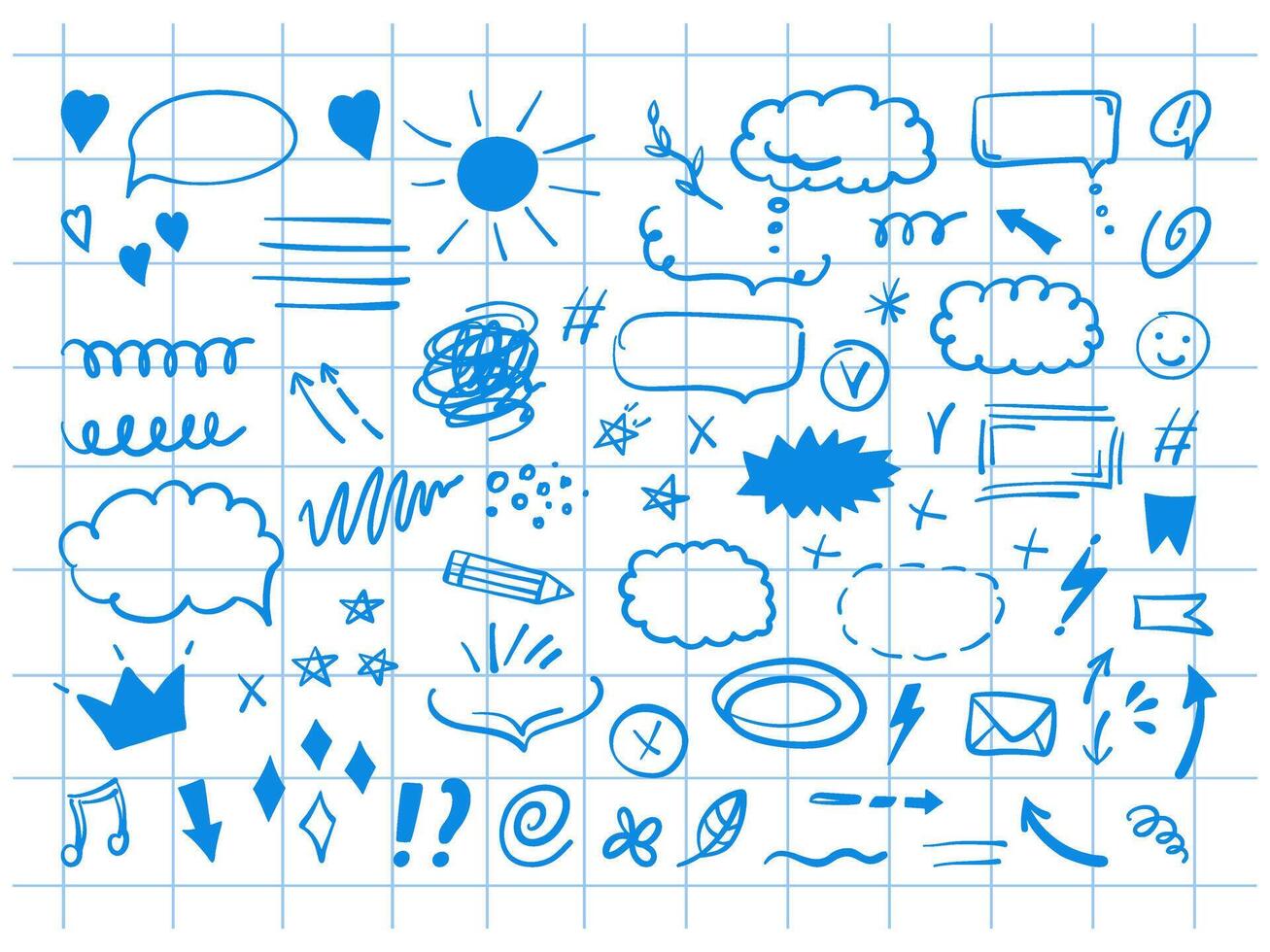 Simple sketch line style elements. Doodle cute ink pen line elements isolated on background of checkered notebook sheet. Doodle arrow, heart, star, decoration symbol, blue icon set. vector