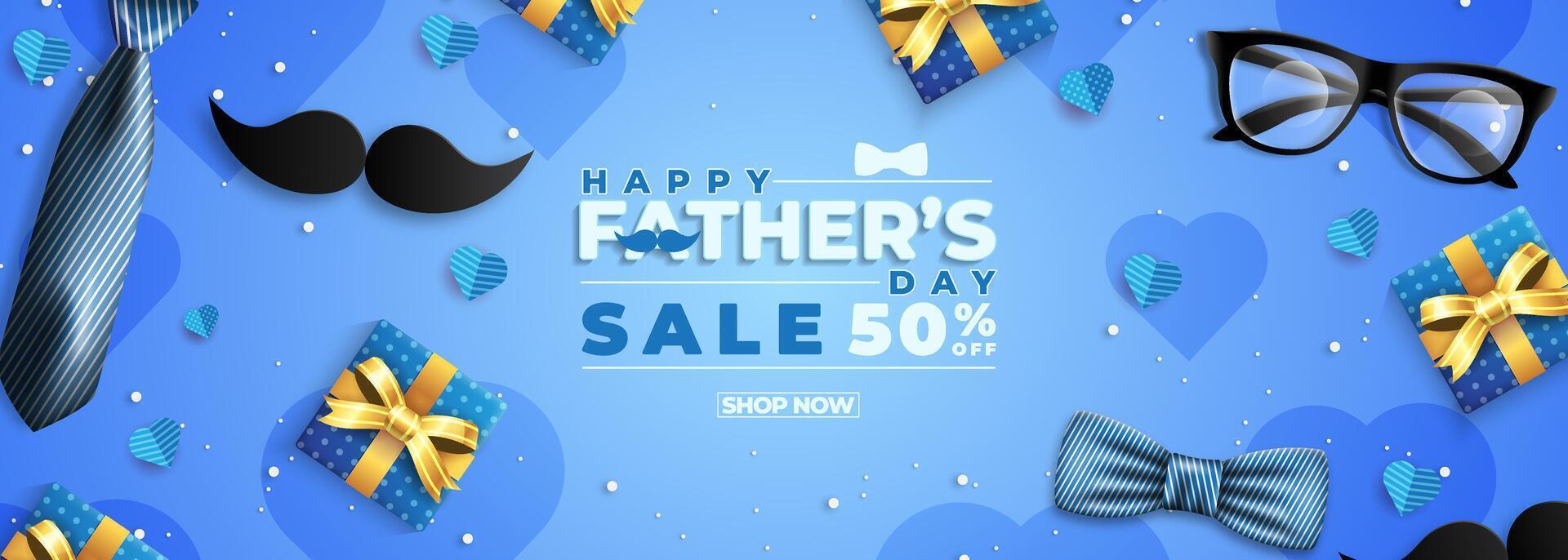 Father's Day Sale Promotion Poster or banner with open gift wrap paper concept. Promotion and shopping template for Father's Day. vector