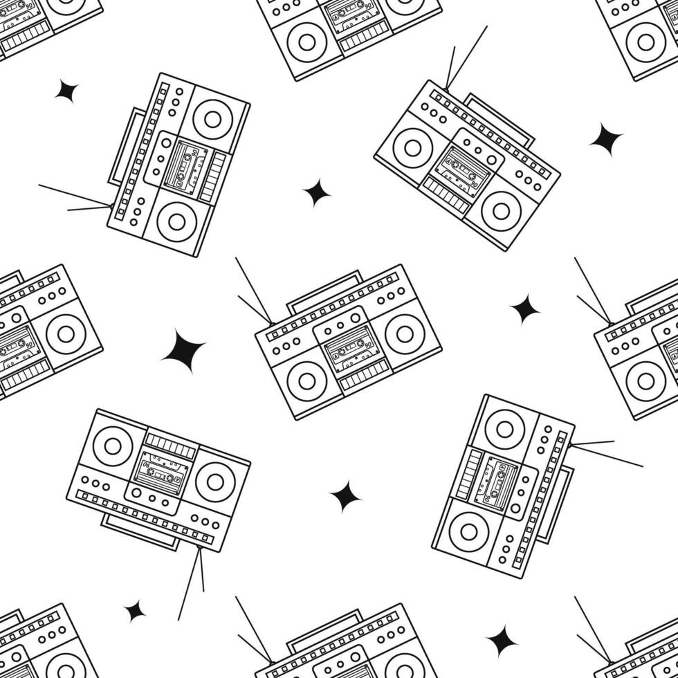 Classic y2k, 90s and 2000s aesthetic. Outline style retro boombox, audio recorder, vintage seamless pattern. vector