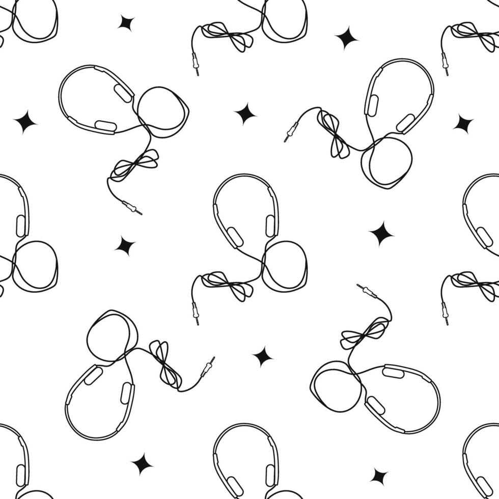 Classic y2k, 90s and 2000s aesthetic. Outline style retro headphones, vintage seamless pattern. vector