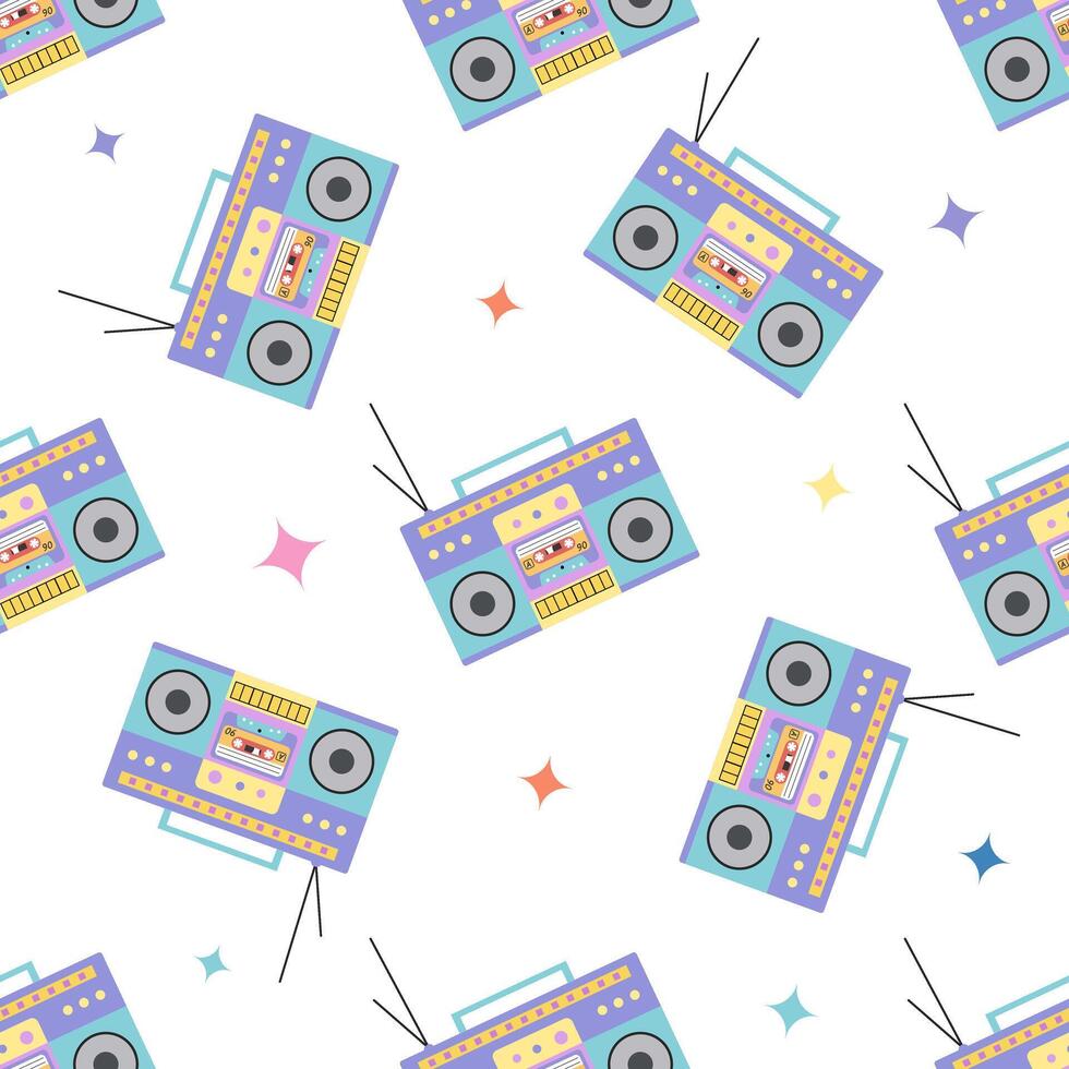 Classic y2k, 90s and 2000s aesthetic. Flat style retro boombox, audio recorder, vintage seamless pattern. Hand-drawn . vector