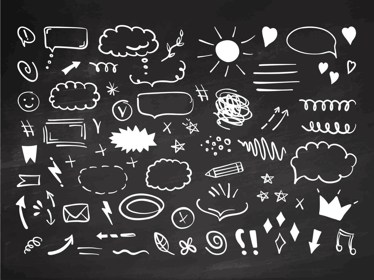 Simple sketch line style elements. Doodle cute ink pen line elements isolated on white background. Doodle arrow, heart, star, decoration symbol, icon set on chalkboard background. vector