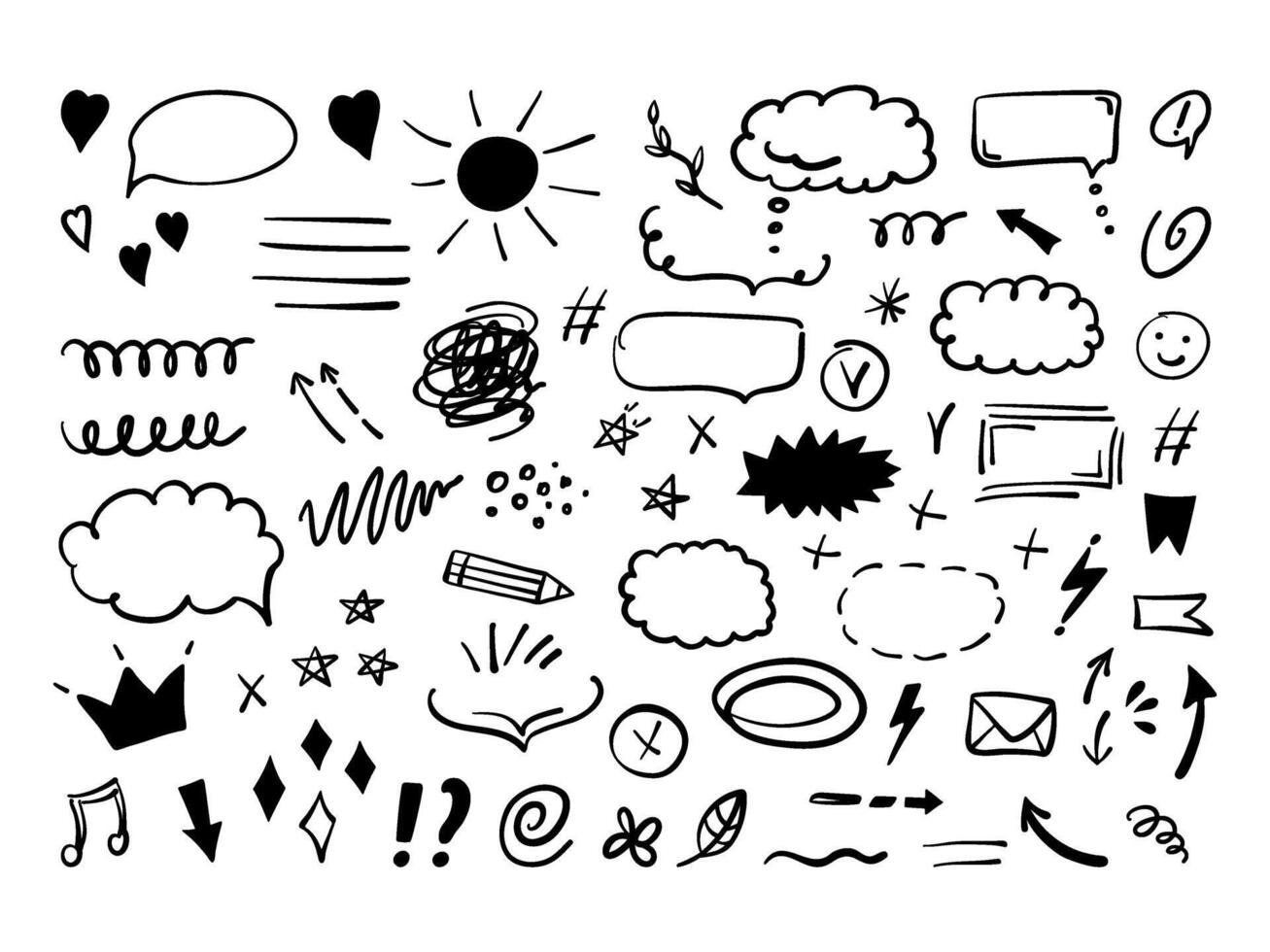 Simple sketch line style elements. Doodle cute ink pen line elements isolated on white background. Doodle arrow, heart, star, decoration symbol, icon set. vector
