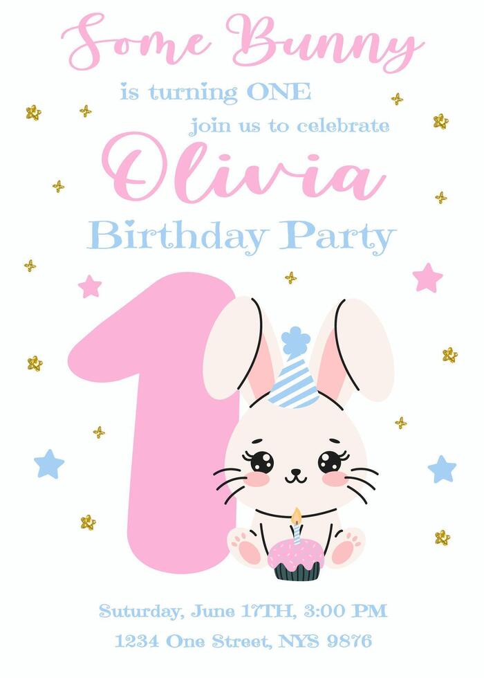 Birthday invitation card design with number and rabbit. One year. Illustration with cute white bunny. Invitation for children in pink and blue color. Ready to use and editable template. vector