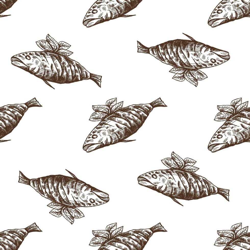 Hand-drawn seamless pattern of barbecue fish. Doodle vintage illustration. Decorations for the menu of cafes and labels. vector