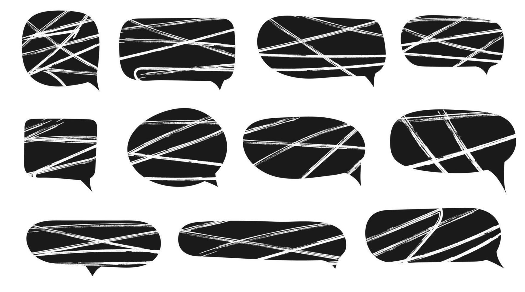 Set of black and white speech bubbles. Dialogue box in doodle style with scribble textures. Doodles drawn with marker. Text boxes for chats and games. Various talk balloon shapes in retro 90's style vector