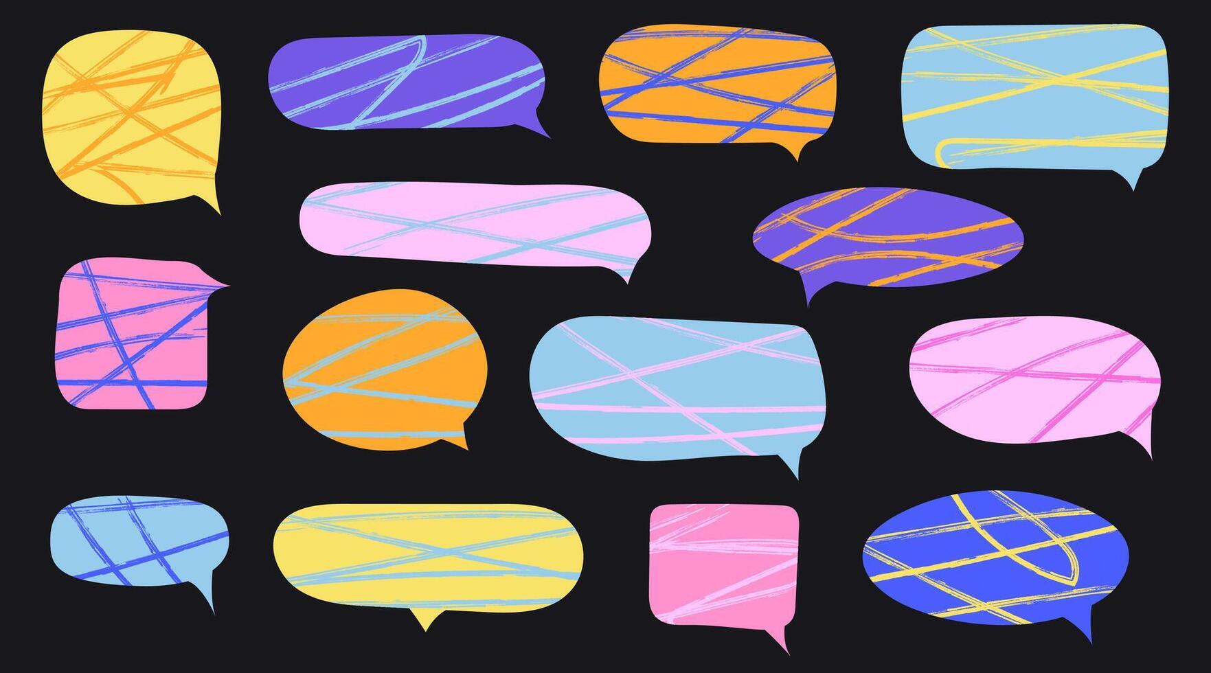Set of colorful speech bubbles. Dialogue box in doodle style with scribble textures. Doodles drawing chalk marker. Text boxes for chats and games. Various talk balloon shapes in retro 90's style vector
