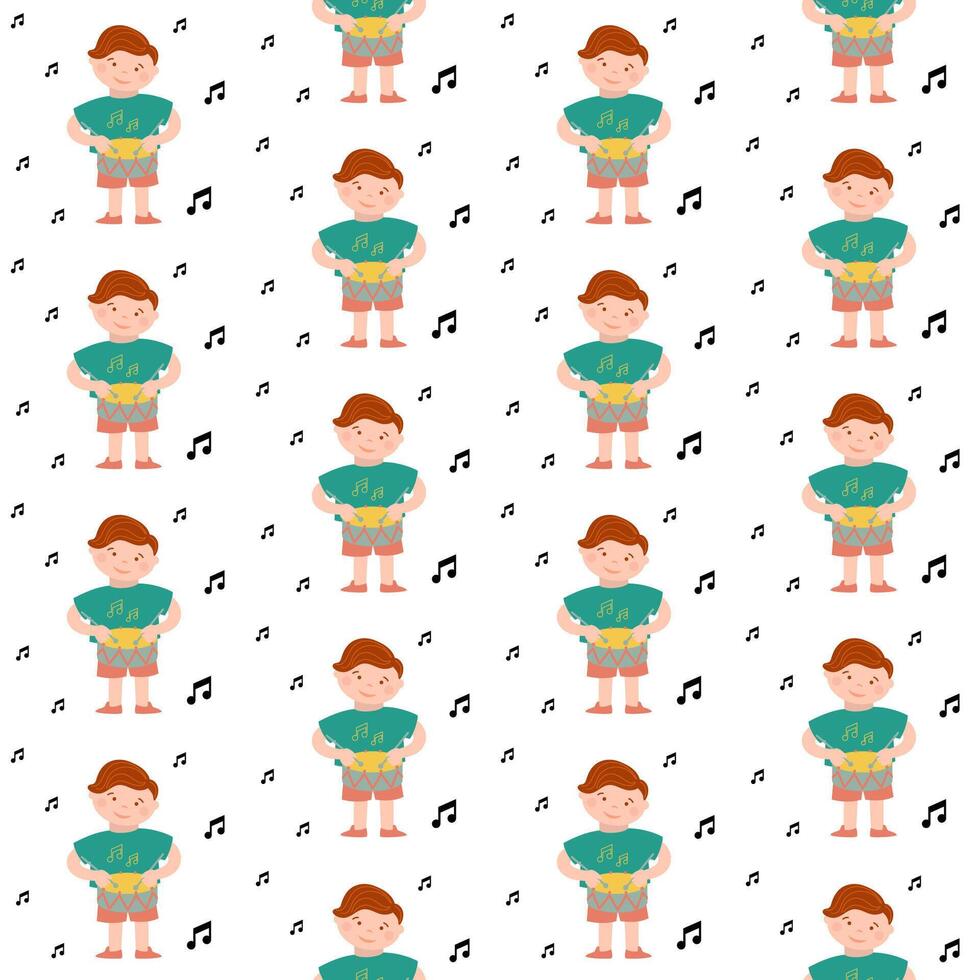 Seamless pattern with cute baby boy is playing drum music, surrounded by notes. vector