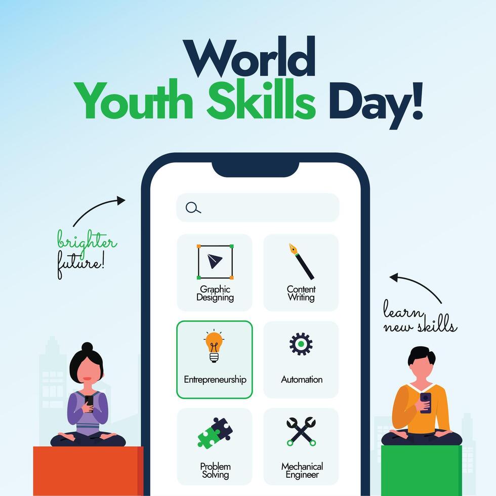 World Youth Skills Day. 15th July World Youth Skills Day celebration banner with two young people using digital phone, smartphone screen with different skills options to be learnt. vector
