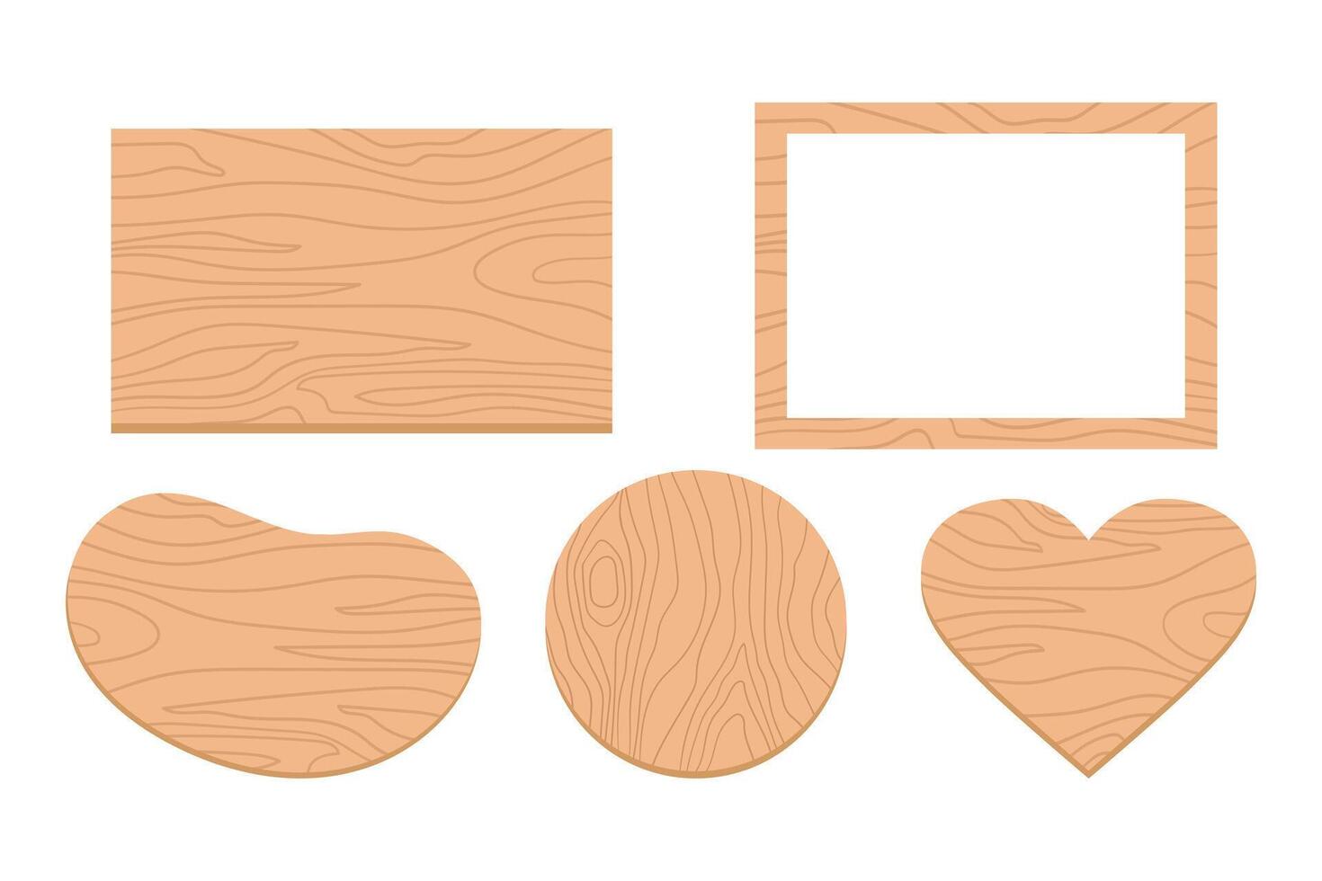 Wooden shapes in geometric forms, smooth figure and heart, wooden frame. Cartoon imitation of a wood. illustration vector
