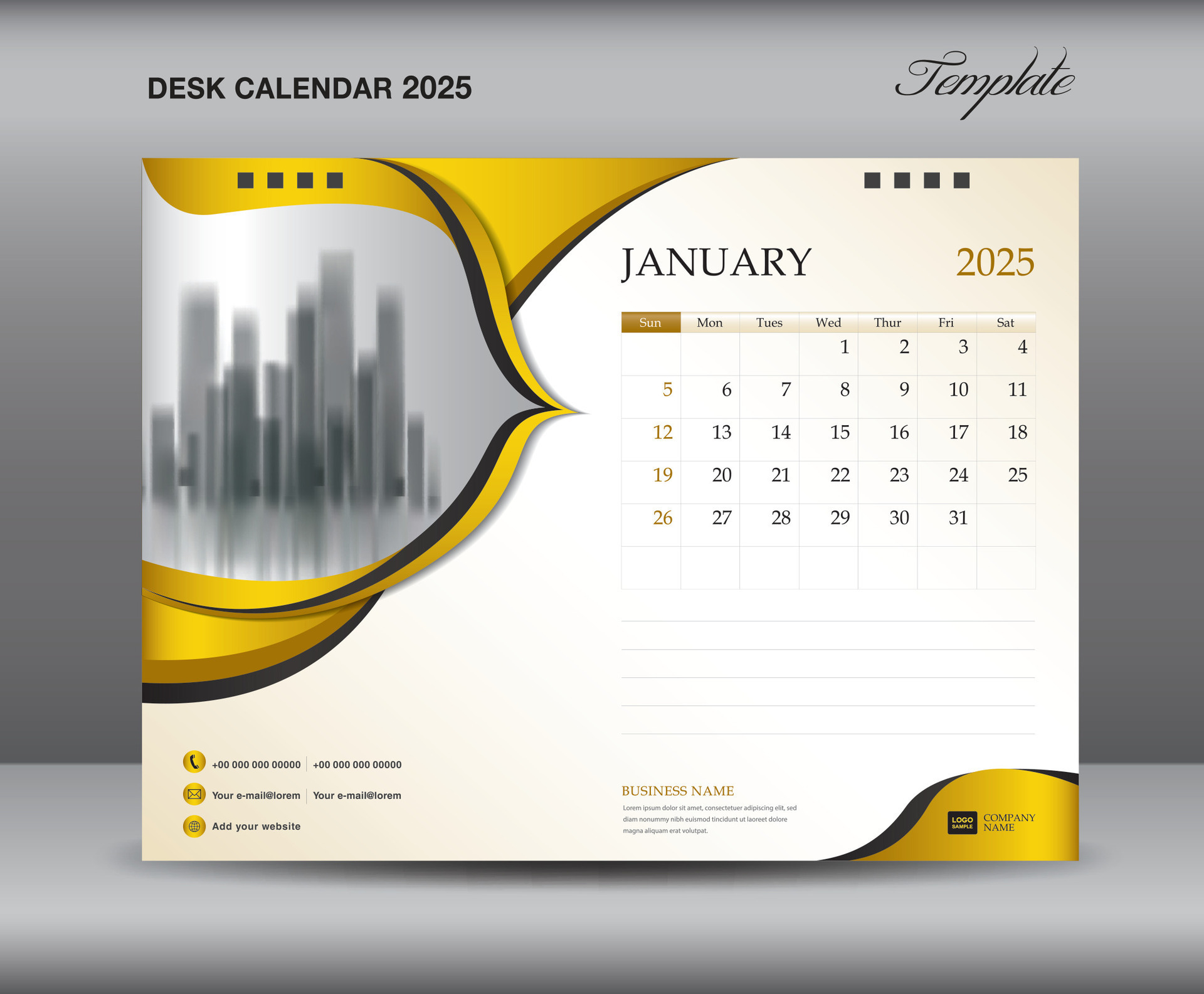 Calendar 2025 template on gold backgrounds luxurious concept, January 2025 template, Desk