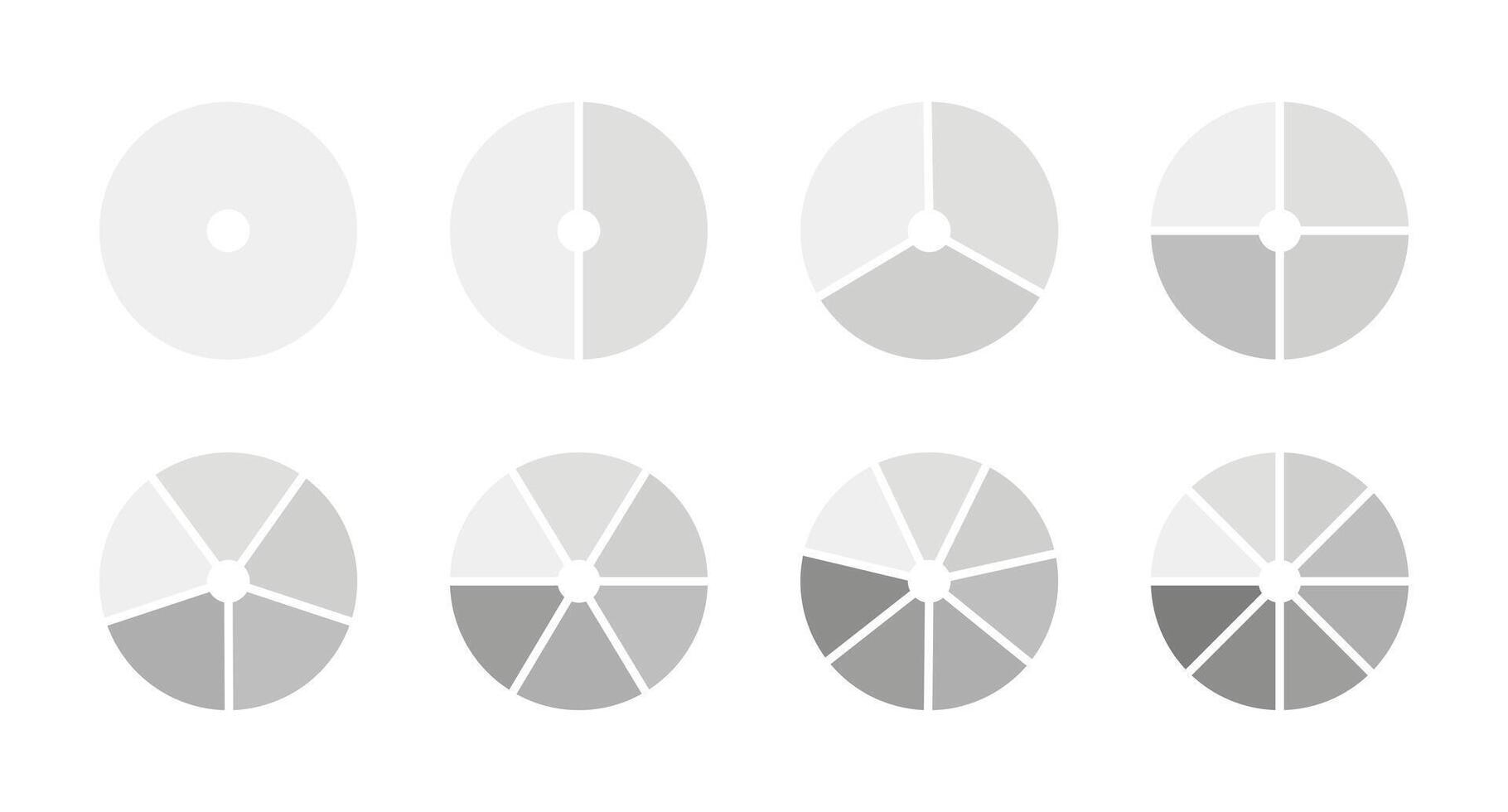 Pie chart set. Monochrome diagram with 1, 2, 3, 4, 5, 6, 7, 8 equal sections, steps. Circle icons for UI, web design, business presentation, infographic, statistic, analytics. Graphic illustration. vector