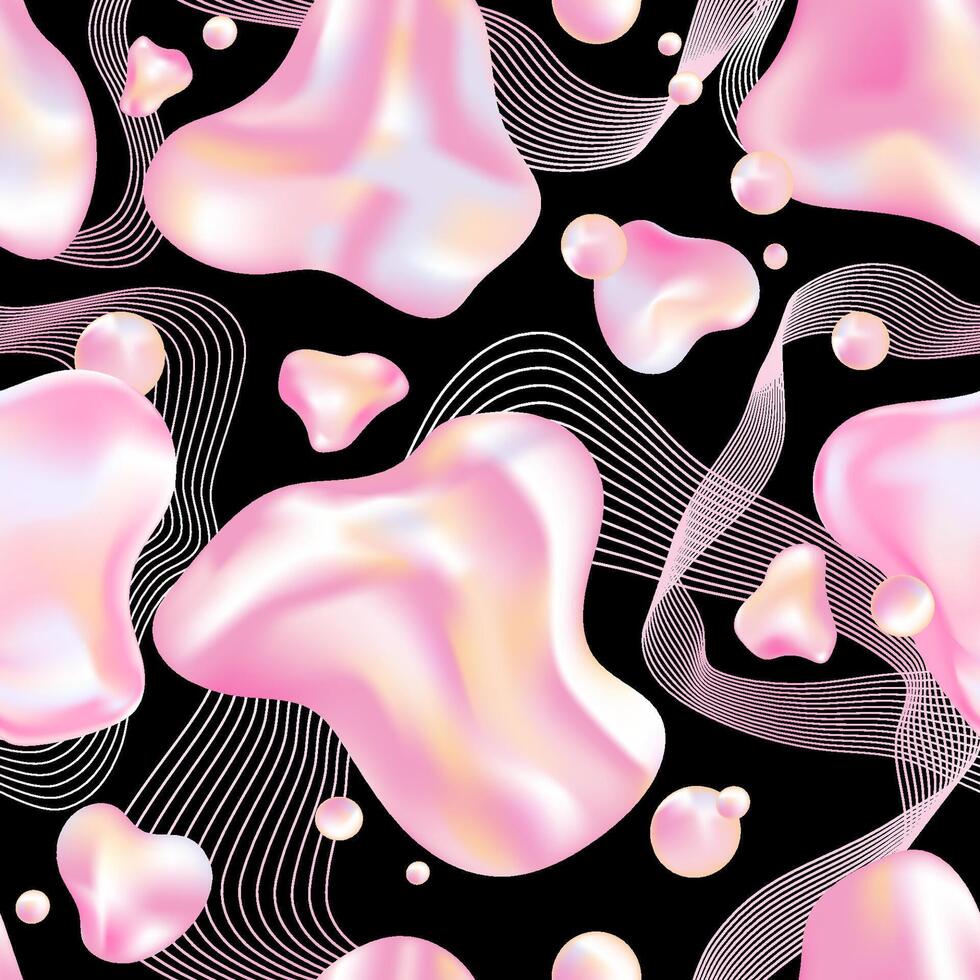 Liquid glossy 3d holographic abstract shapes and lines Seamless pattern.Fluid bubbles abstract background.Futuristic amorphous shapes design for wallpaper,web,print,poster,banner design. vector