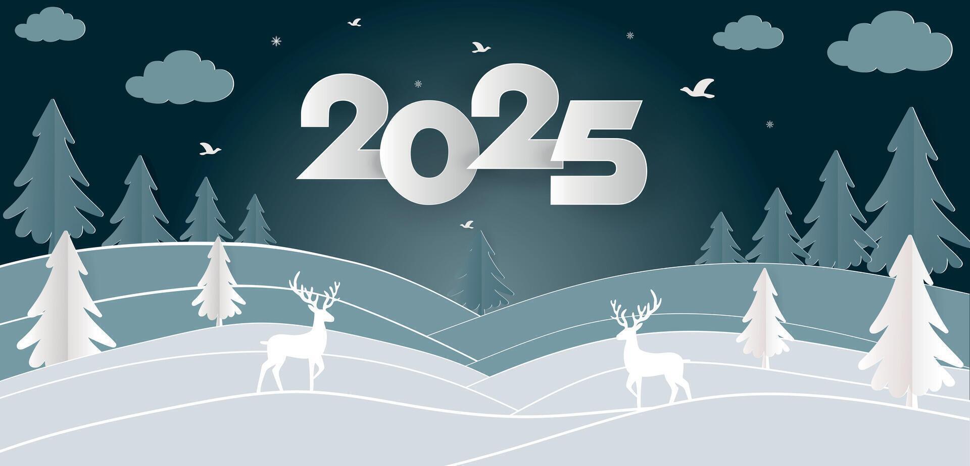 Christmas snowy landscape panorama,copy space. , greeting card.Paper cut art style. with digital craft. vector
