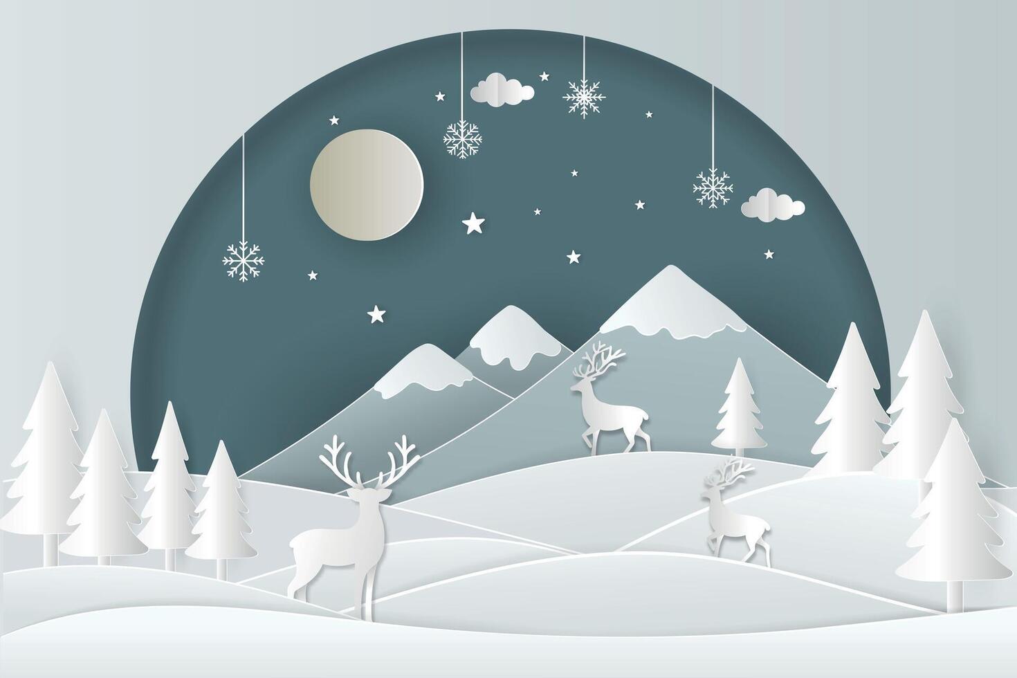Christmas snowy landscape panorama,copy space. , greeting card.Paper cut art style. with digital craft. vector