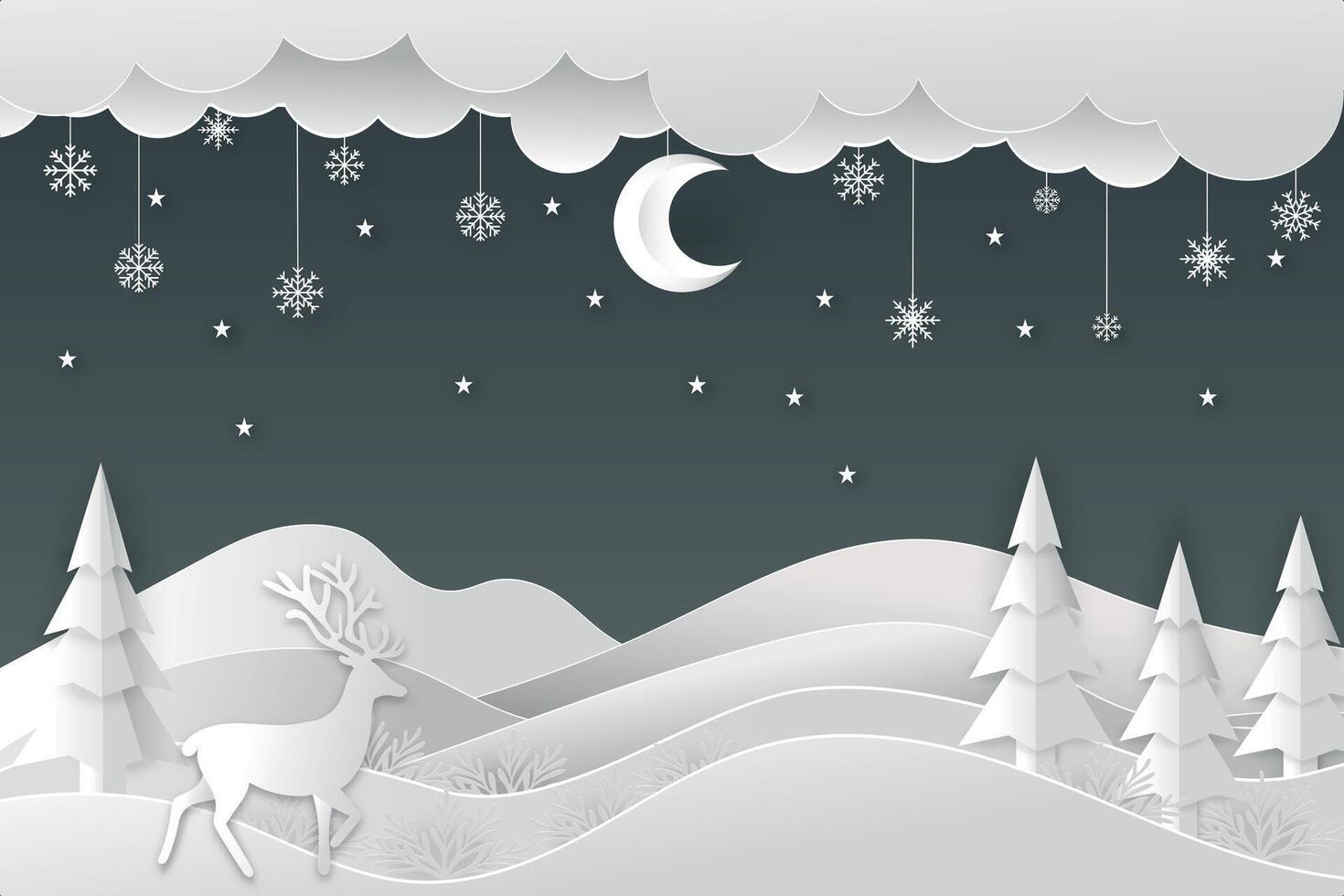 Christmas snowy landscape panorama,copy space. , greeting card.Paper cut art style. with digital craft. vector