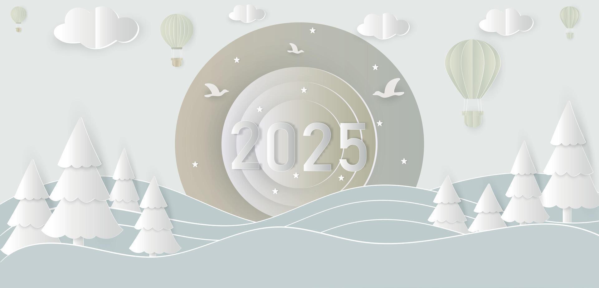 Christmas snowy landscape panorama,copy space. , greeting card.Paper cut art style. with digital craft. vector