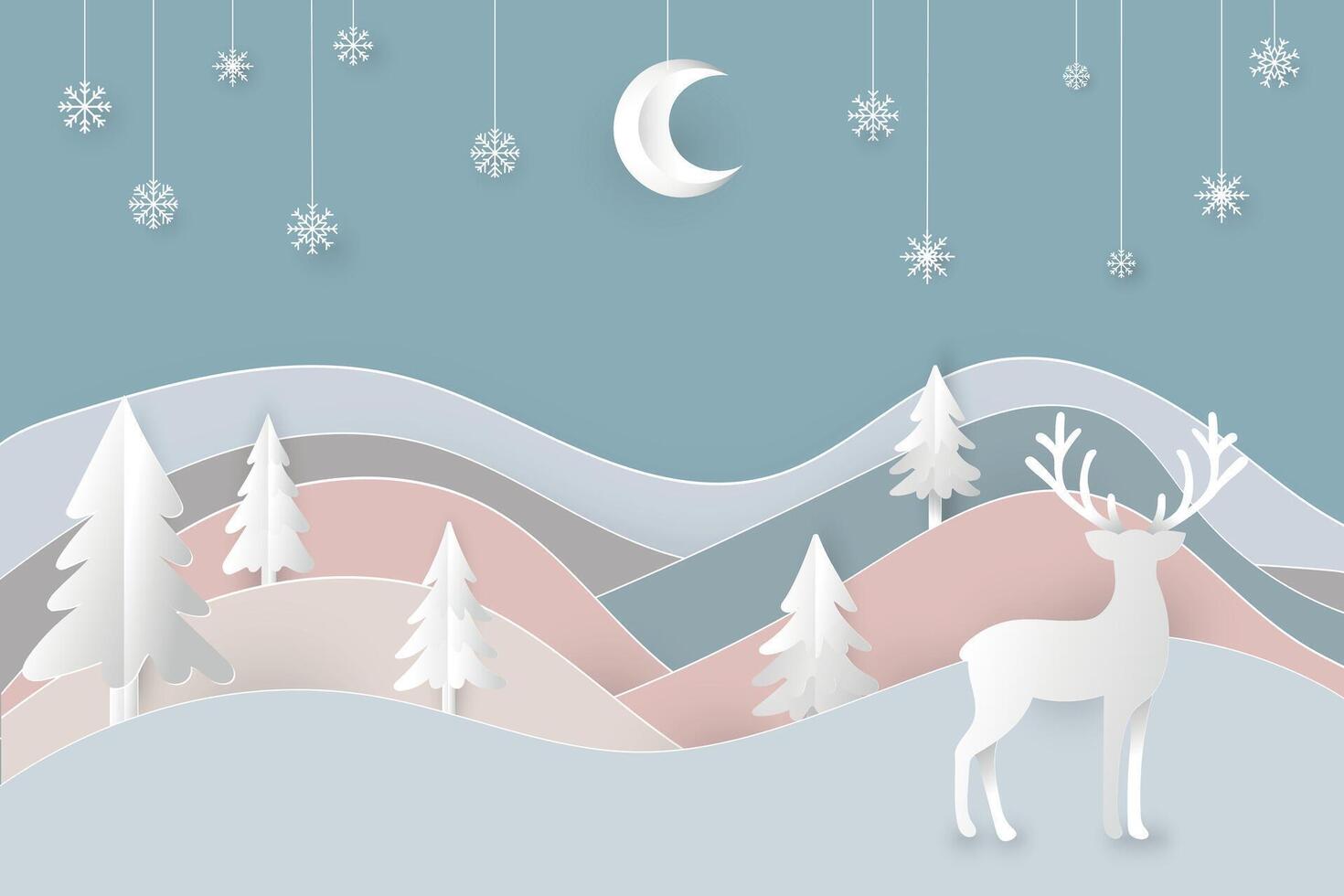 Christmas snowy landscape panorama,copy space. , greeting card.Paper cut art style. with digital craft. vector