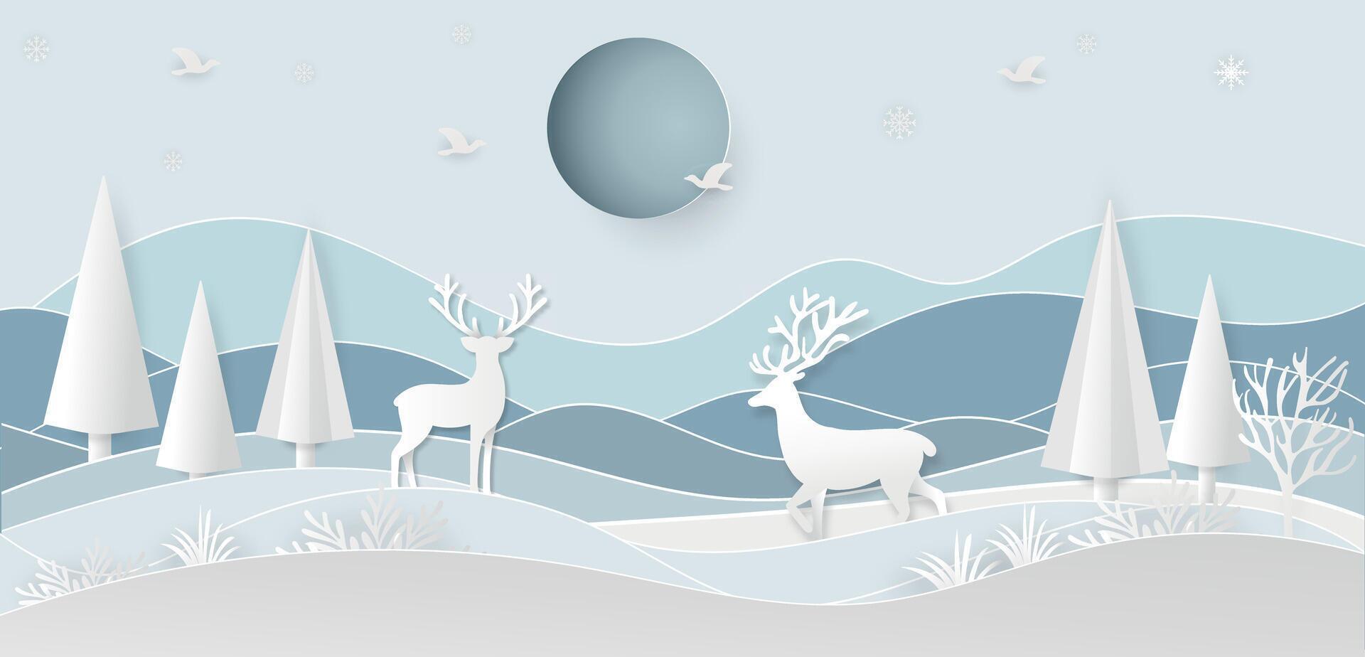 Christmas snowy landscape panorama,copy space. , greeting card.Paper cut art style. with digital craft. vector