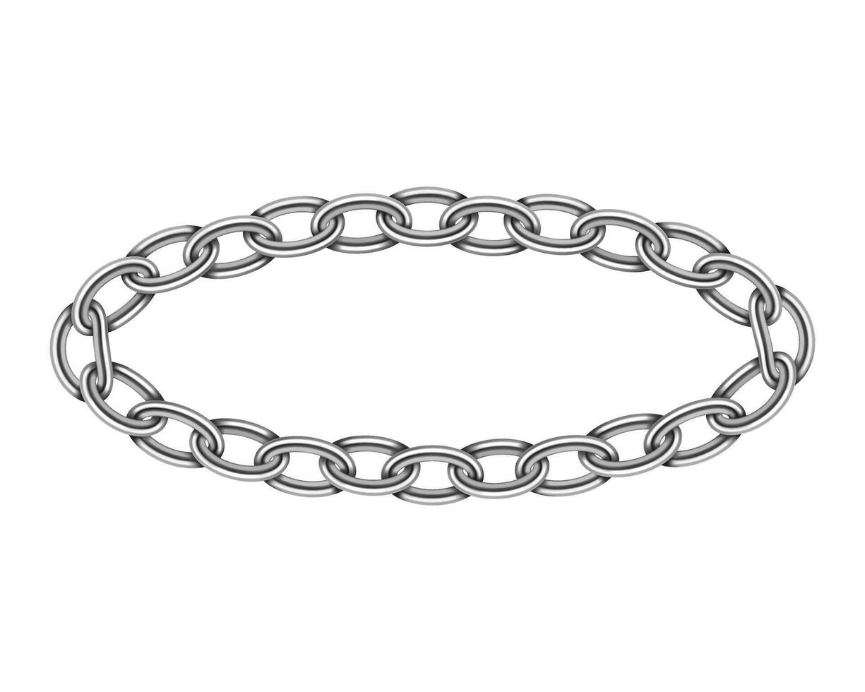 Realistic metal circle frame chain texture. Silver color round chains link isolated on white background. Strong iron chainlet solid three dimensional design element. vector