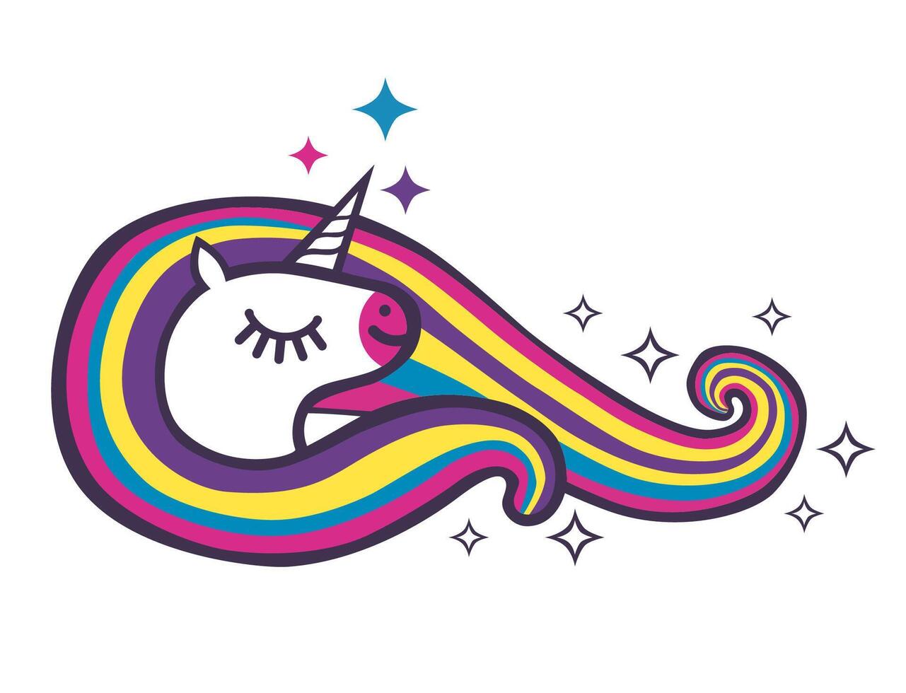 Cute unicorn with rainbow mane. Flat color illustration isolated on white background. vector