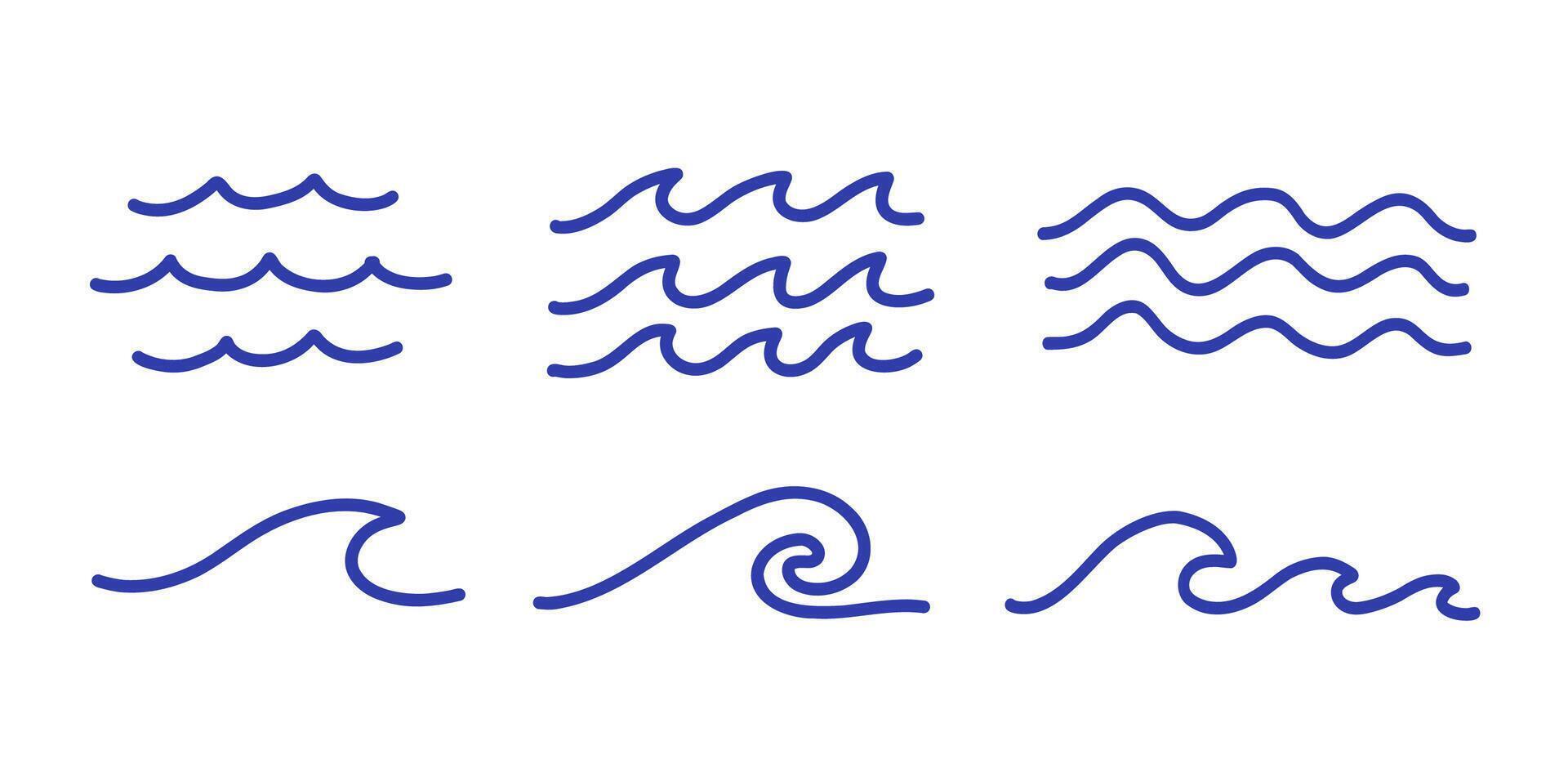 Set of line blue water waves icons. Simple line drawings isolated on white background. vector
