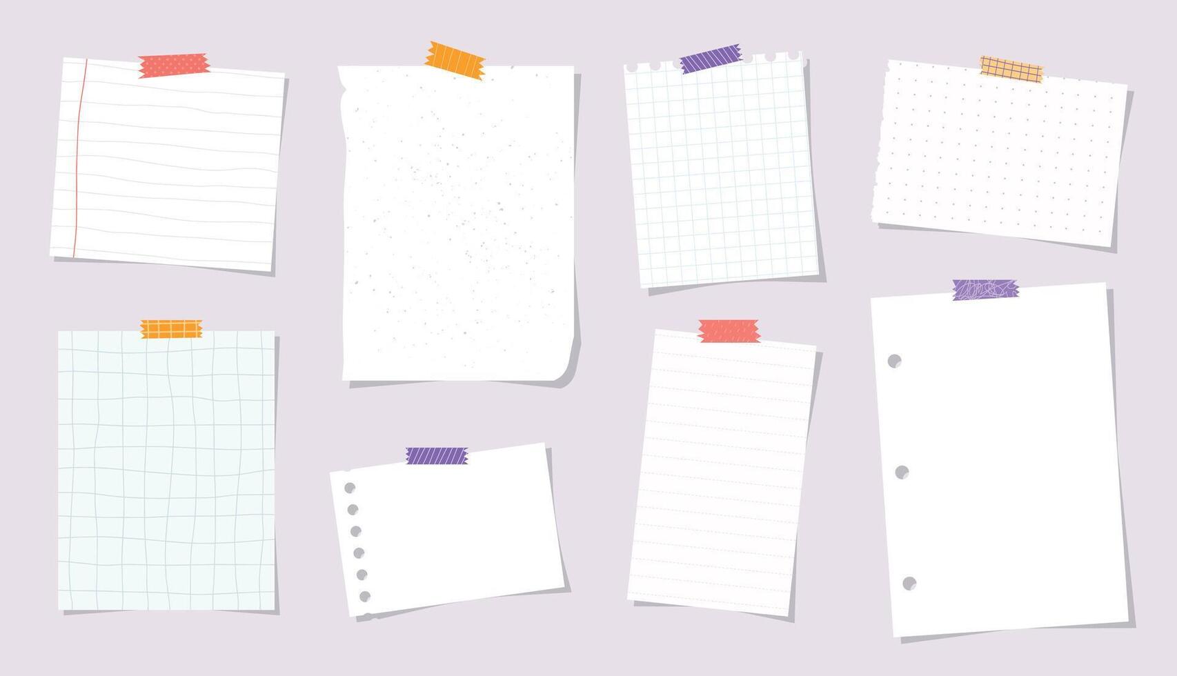notes collection, set of empty note paper sheets with sticky tapes. Scrapbooking, print, template, planner design. EPS 10 vector